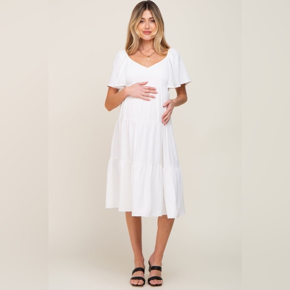 Pinkblush flutter sleeve tiered midi dress with cross cross lace up back nwt - Picture 4 of 5